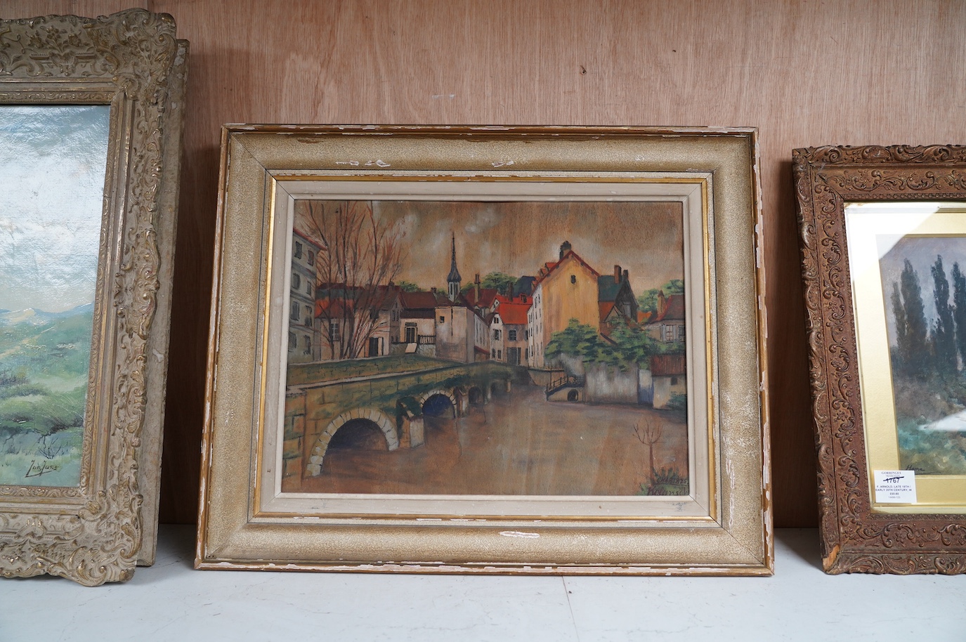 Kolansche, oil on board, 'Chartres riverscape', signed and inscribed, 31 x 42cm. Condition - warped